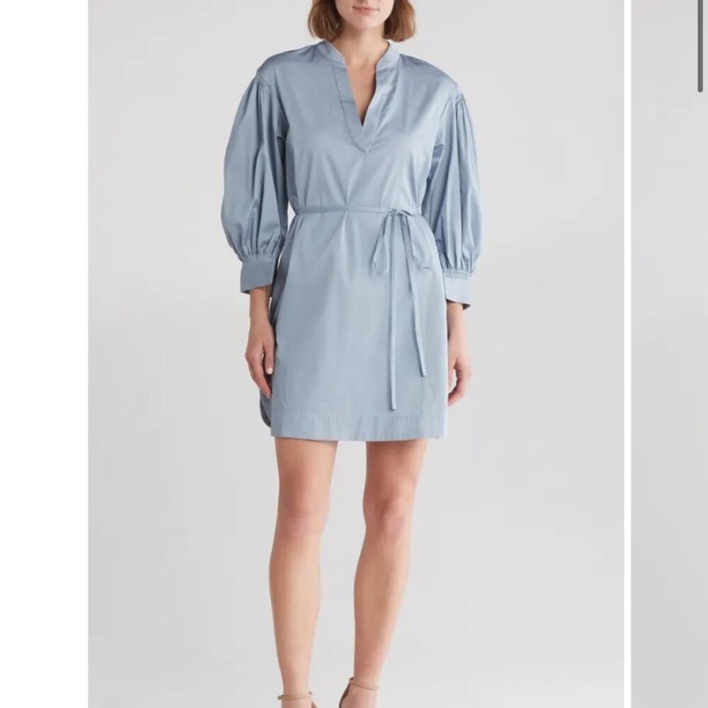 NWT Rebecca Taylor Blouson Sleeve Belted‎ Shirt Dress Pearl Blue Womens Size L